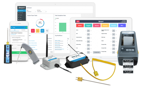 Zenput on desktop, tablet, mobile, sensors, gateway, temperature probe, printer