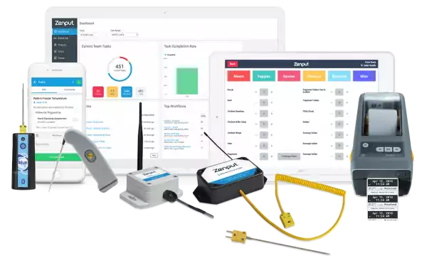 Zenput on desktop, tablet, mobile, sensors, gateway, temperature probe, printer